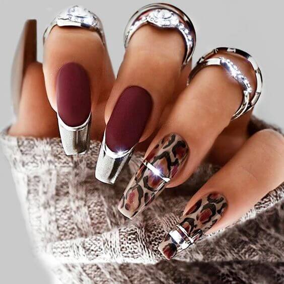 Burgundy Leopard Print Nails