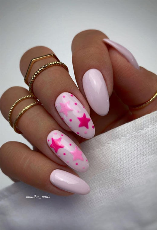 Hot Pink Stars on Milky Pastel Nails 