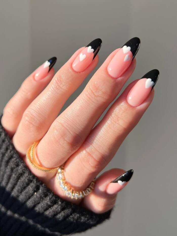 Black French Tips With White Hearts Nails