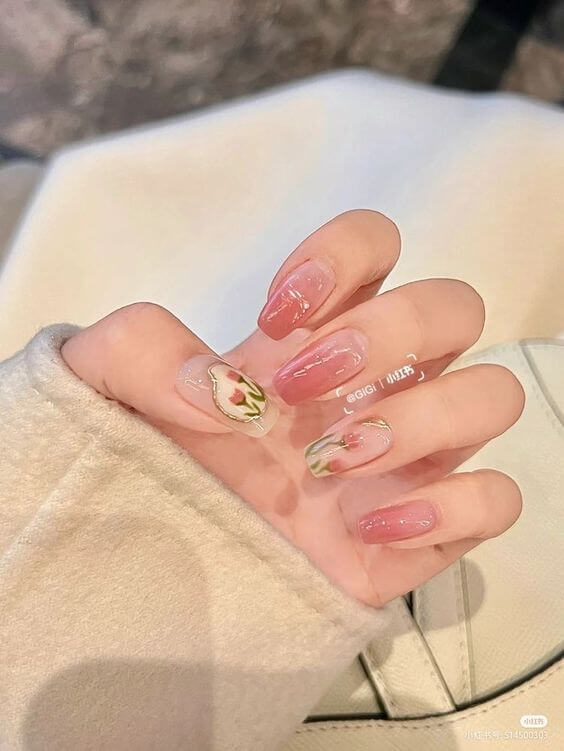 Pink And White Nails With Flowers